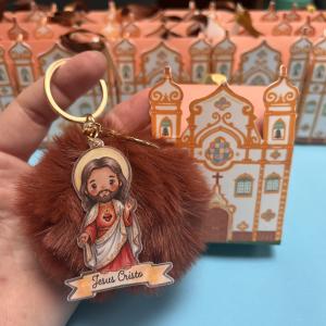 Chaveiro de Pompom Jesus Cristo + Caixinha Igreja