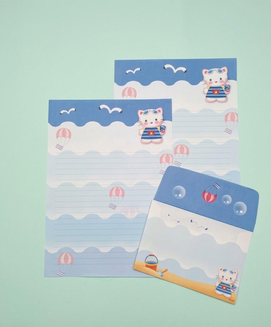 Conjunto Papel de Carta + Envelope – Gatinho Marinheiro na Praia