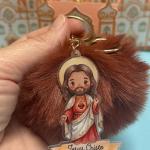 Chaveiro de Pompom Jesus Cristo + Caixinha Igreja